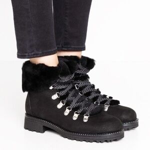 J. Crew Nordic Winter black leather lace up boots, faux fur lining, women’s 10